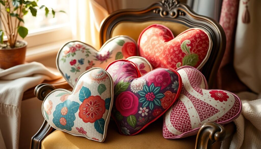 upcycled fabric heart pillows
