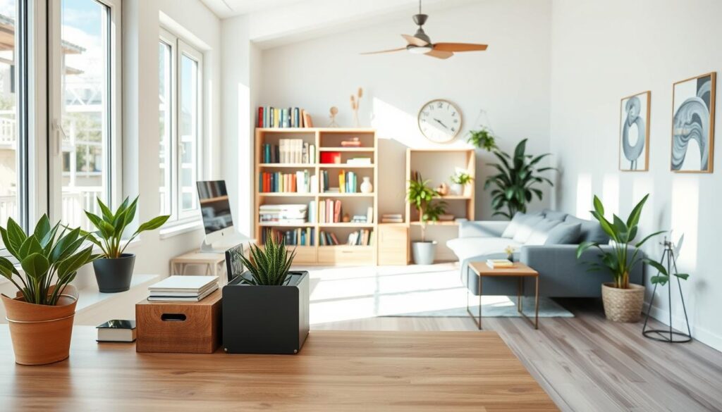 A bright, airy home interior with natural light streaming through large windows. In the foreground, a neatly organized desk area with various storage solutions - a sleek wooden desk, a stylish desk organizer, and a potted plant. In the middle ground, a well-organized bookshelf with an array of colorful books, decorative items, and a minimalist clock. The background features a clean, modern living room with a plush sofa, a potted plant, and a few pieces of abstract wall art. The overall scene conveys a sense of calm, tranquility, and efficiency, reflecting the daily habits of a clutter-free home.