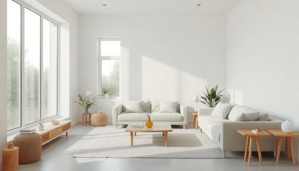 A bright, airy living room bathed in natural light. Clean lines, simple furniture, and minimal decor create a serene, uncluttered atmosphere. Soft, muted tones in the color palette - whites, grays, and natural wood accents. A single large window frames a tranquil outdoor scene, blending the indoors and outdoors seamlessly. Lighting is diffused, with no harsh shadows. The room exudes a sense of calm and mindfulness, reflecting the minimalist mindset of living with only what is essential.