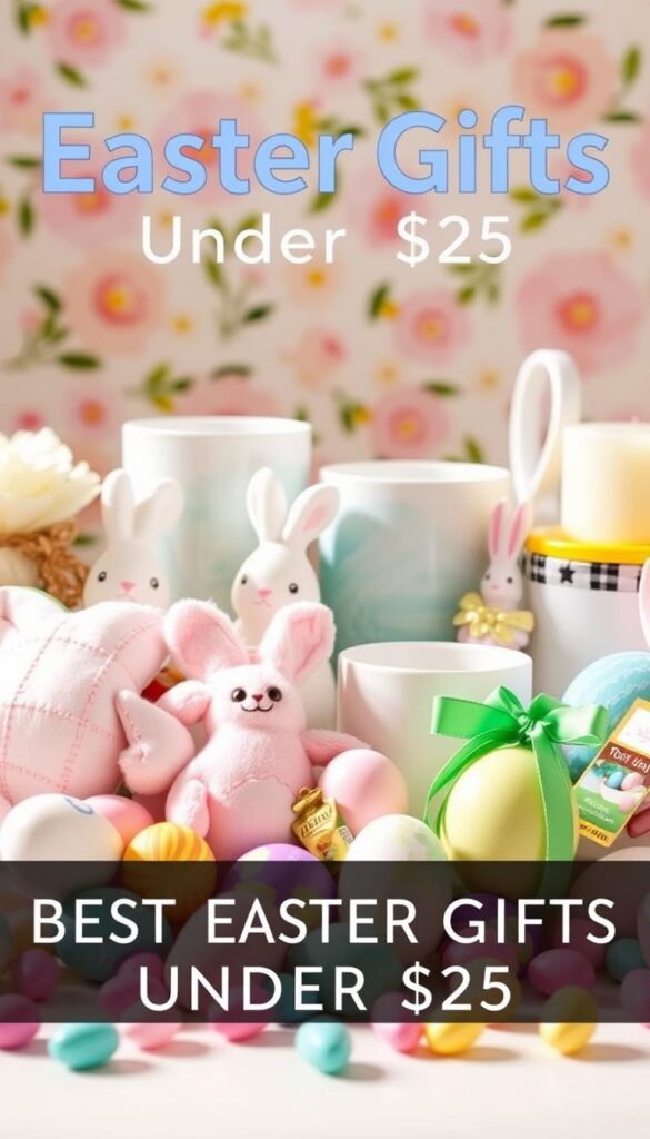 A bright, cheerful display of the best Easter gifts under $25 for 2025. In the foreground, a mix of pastel-colored Easter eggs, plush bunnies, and small chocolate treats. In the middle, various decorative accessories like ceramic figurines, themed mugs, and festive candles. The background features a soft, blurred floral pattern, creating a warm, spring-like atmosphere. Soft, natural lighting illuminates the scene, highlighting the textures and colors of the gifts. The overall composition is balanced and visually appealing, showcasing a selection of affordable, yet thoughtful Easter presents.