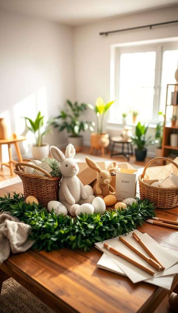 A cozy Easter morning scene, a wooden table adorned with a lush green garland and an assortment of eco-friendly Easter gifts - reusable plush toys, natural fiber baskets, and bamboo writing sets. Warm sunlight filters through a large window, casting a soft glow over the arrangement. In the background, a minimal mid-century modern living room with potted plants and a bookshelf. The overall mood is calm, natural, and inviting, reflecting the ethos of sustainable, responsible Easter gifting.