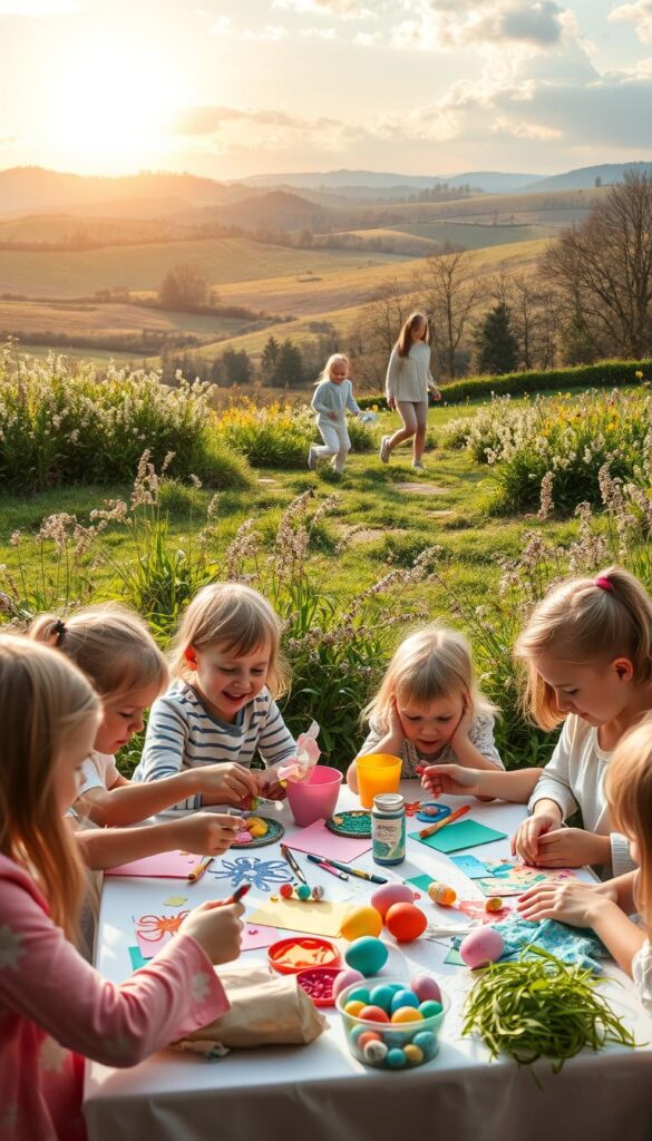 A cozy Easter scene with children creating colorful crafts and playing festive games. In the foreground, a group of kids gathered around a table, their hands immersed in paper, glue, and vibrant paints, crafting whimsical Easter decorations. In the middle ground, a family engaged in an Easter egg hunt, chasing after hidden eggs in a lush, blooming garden. In the background, a picturesque countryside setting with rolling hills, fluffy clouds, and a warm, golden sun casting a delightful glow over the entire scene. The atmosphere is filled with joy, laughter, and the spirit of Easter traditions from around the world.