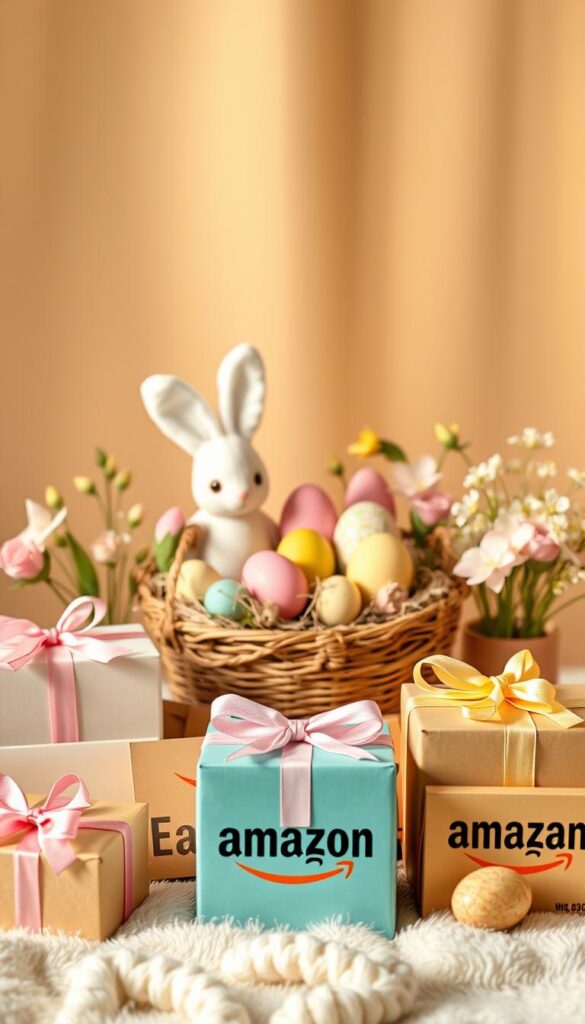 A cozy Easter tableau set against a warm, inviting backdrop. In the foreground, an assortment of Amazon gift boxes adorned with pastel ribbons and bows, hinting at the delightful surprises within. The middle ground features a harmonious arrangement of Easter-themed decorations - plush bunnies, colorful eggs, and delicate floral accents. The background showcases a soft, diffused lighting that creates a sense of tranquility and celebration. The overall composition conveys the effortless elegance of curating the perfect Amazon Easter gift experience.