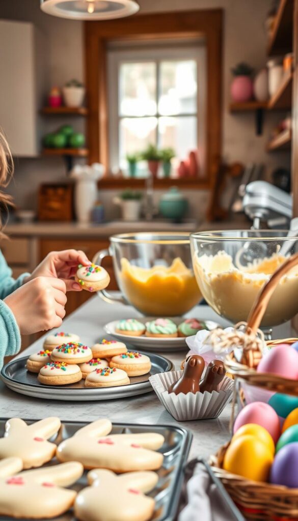 A cozy kitchen filled with the aroma of freshly baked Easter treats. In the foreground, a child's hands carefully decorating sugar cookies with colorful icing and sprinkles. Next to them, a mixing bowl overflows with a fluffy yellow cake batter. On the countertop, an array of Easter-themed baking supplies - pastel-colored cupcake liners, a tray of chocolate-dipped marshmallow bunnies, and a basket of freshly dyed eggs. Warm, natural lighting filters through the window, casting a soft glow over the scene. The atmosphere is filled with a sense of joy and family togetherness, creating the perfect setting for Easter baking activities.