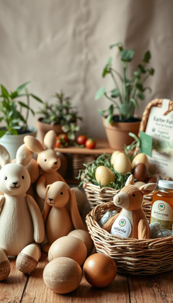 A cozy, natural-lit scene showcasing a variety of ethical Easter gifts. In the foreground, handcrafted wooden toys and plush animal figurines made from sustainable materials. In the middle ground, wicker baskets filled with organic, fair-trade chocolate eggs and locally-sourced honey. The background features potted plants, herbs, and a subtle rustic texture, creating a warm, earthy atmosphere. The lighting is soft and diffused, accentuating the natural tones and textures of the gifts. The overall composition conveys a sense of mindfulness, craftsmanship, and environmental consciousness, reflecting the ethos of a "Top Brands for Sustainable Easter Products" section.