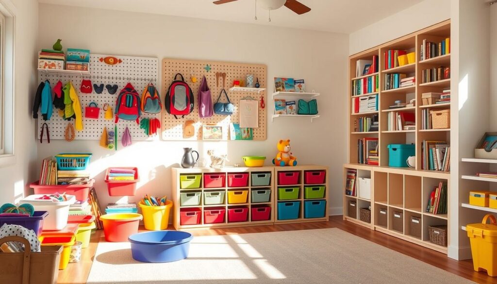 A cozy, sun-lit playroom with a range of practical, kid-friendly storage solutions. In the foreground, colorful bins and baskets neatly organize toys, books, and school supplies. A wall-mounted pegboard displays hooks and shelves, holding art supplies, backpacks, and sports gear. The middle ground features a sturdy, low-profile storage unit with pull-out drawers and labeled compartments. In the background, a large, built-in bookshelf displays vibrant children's books and knick-knacks. The space radiates a sense of order and whimsy, perfect for a clutter-free, family-friendly home.