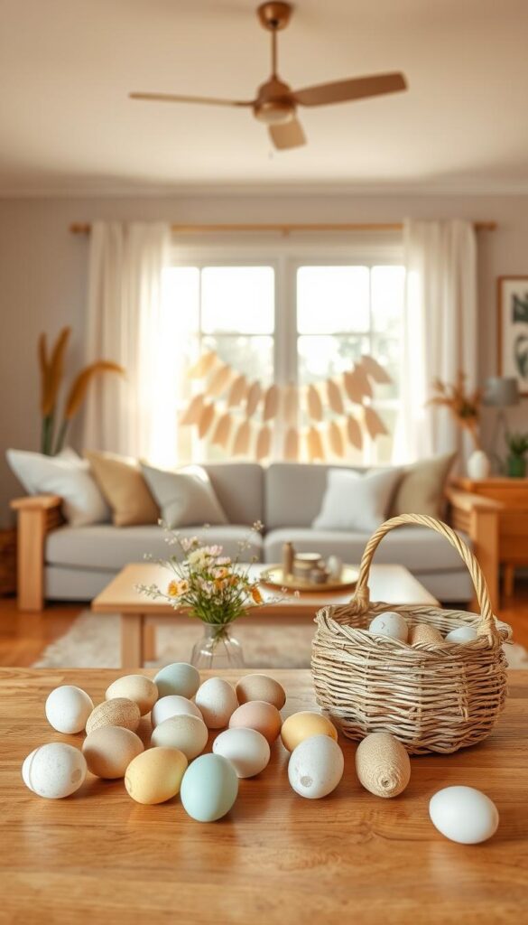 A cozy, well-lit living room with natural wooden accents and a minimalist aesthetic. In the foreground, a variety of handmade Easter decorations are displayed on a wooden table, including pastel-colored eggs, a woven basket filled with flowers, and a DIY paper garland. In the middle ground, a large window allows warm, diffused light to flood the space, casting a soft glow on the decorations. The background features neutral-toned walls and subtle wall art, creating a calming, inviting atmosphere perfect for showcasing creative Easter DIY projects.
