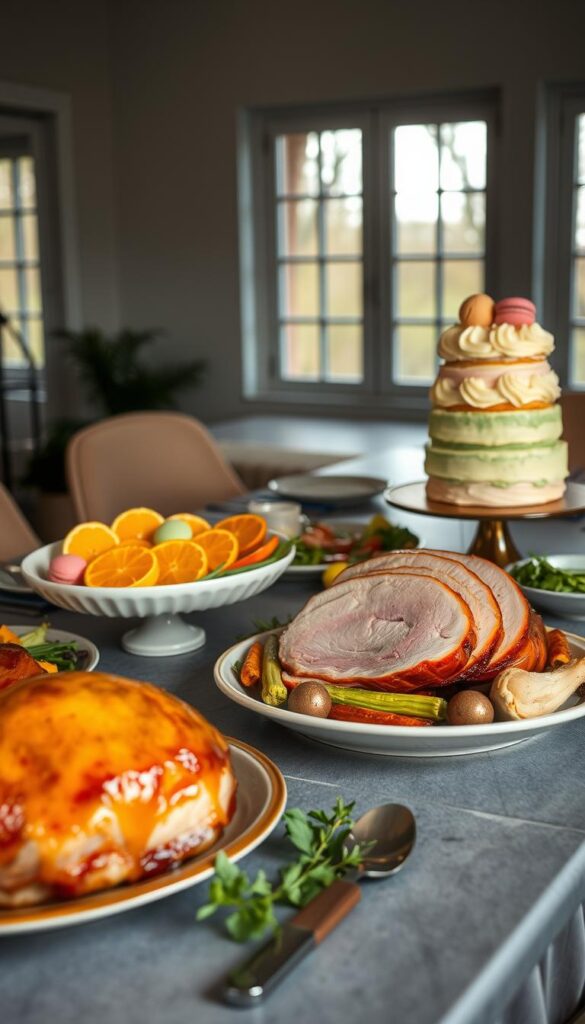 A dining table set with a modern, minimalist aesthetic, adorned with a mix of traditional Easter dishes and bold, contemporary twists. In the foreground, a glazed ham with a vibrant citrus glaze sits next to a platter of colorful, roasted spring vegetables. In the middle ground, a towering layer cake with a lush, pastel-colored buttercream frosting contrasts with delicate macarons in cheerful hues. The background features a moody, natural light filtering through large windows, casting a warm glow over the scene. The overall atmosphere evokes a sense of refined elegance and a celebration of the season's bounty with a modern sensibility.