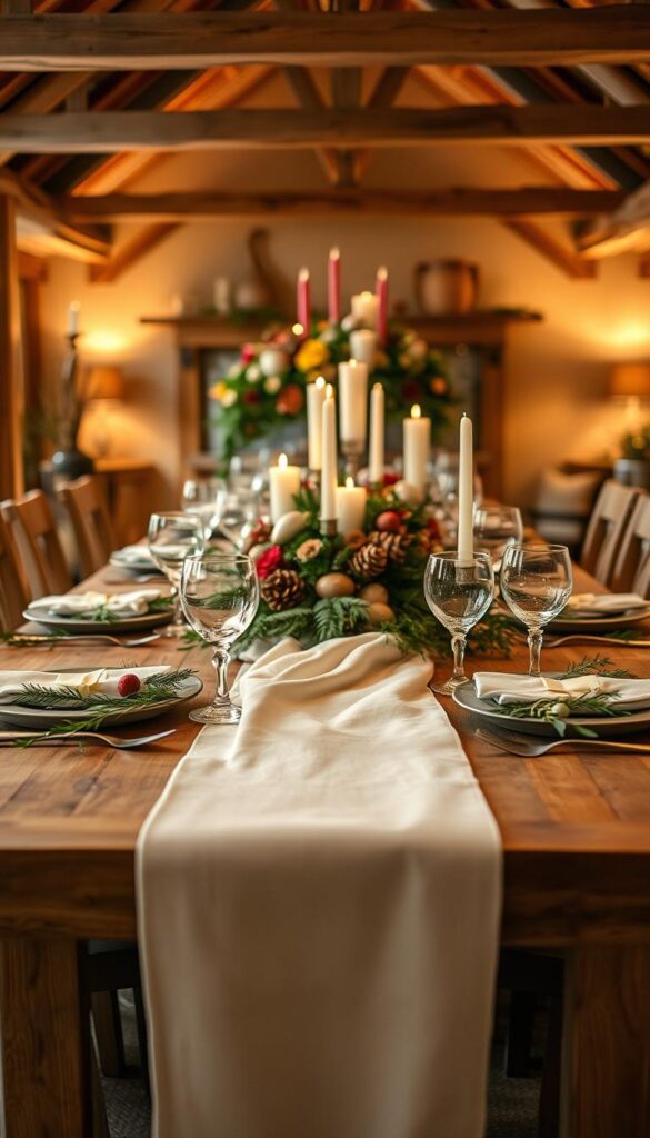 A festive holiday table setting with an elegant, rustic charm. In the foreground, a large wooden table is adorned with a flowing linen tablecloth, accented with sprigs of fresh greenery and seasonal flowers. Gleaming silver flatware and crystal glassware create a refined, yet inviting atmosphere. In the middle ground, a stunning centerpiece of candles, pinecones, and dried fruit adds warmth and texture. The background features exposed wooden beams and warm, soft lighting, evoking a cozy, countryside ambiance. The overall scene exudes a sense of effortless sophistication, perfect for an Easter dinner celebration.