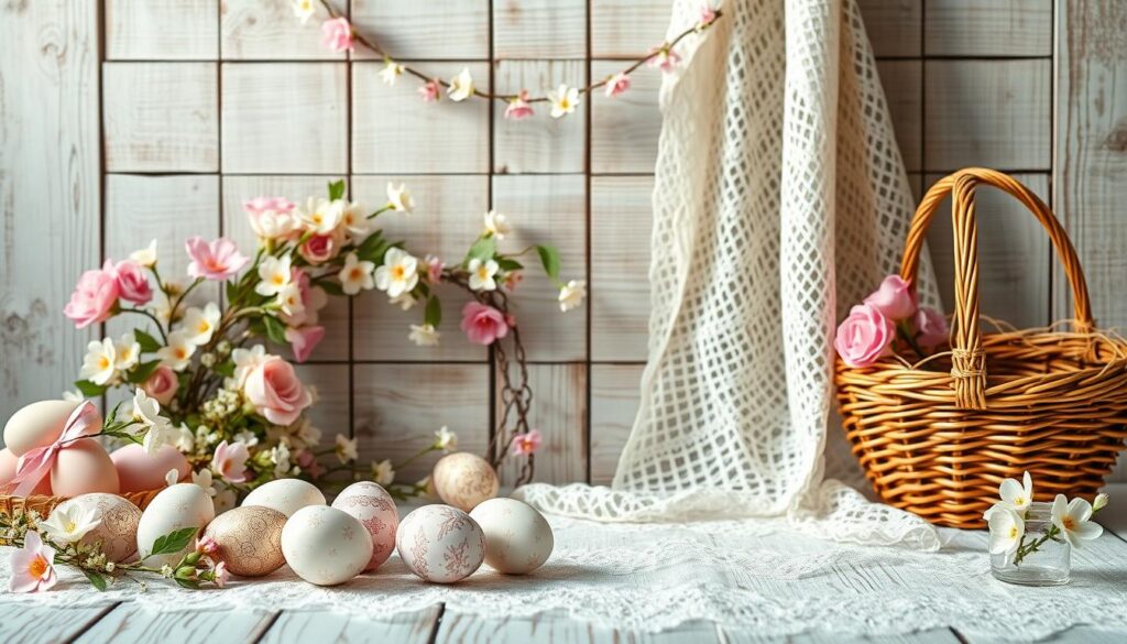 A harmonious Easter-themed photography backdrop, featuring a soft pastel palette with blooming flowers, delicate lace, and rustic wooden textures. In the foreground, a collection of ornate Easter eggs and a wicker basket, artfully arranged. The middle ground showcases a draped floral garland, adding a touch of whimsy. The background comprises a weathered wooden surface, complemented by a subtle, sun-dappled lighting effect, creating a warm, inviting atmosphere. The overall composition evokes a sense of springtime joy and timeless elegance, perfect for capturing beautiful Easter portraits.