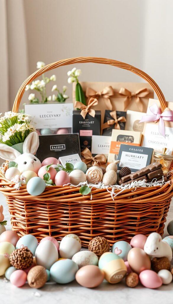 A high-quality Easter basket display, showcasing a variety of personalized and unique gifts. In the foreground, a wicker basket overflows with pastel-colored eggs, plush bunnies, and delicate floral arrangements. The middle ground features an assortment of artisanal chocolates, gourmet candies, and handcrafted trinkets, each adorned with intricate designs. In the background, a soft, natural lighting creates a warm, inviting atmosphere, highlighting the attention to detail and craftsmanship of the curated Easter presents. The overall scene exudes a sense of elegance, whimsy, and individuality, capturing the essence of thoughtful, personalized Easter gifts.
