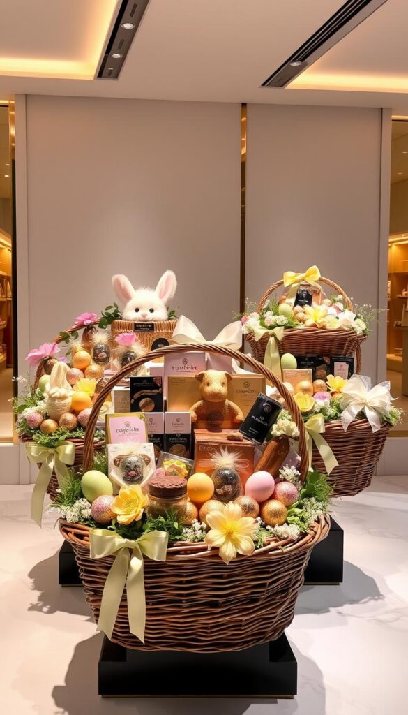 A lavish display of exquisite Easter baskets, brimming with the finest gourmet treats and luxurious spring-themed accoutrements. Artfully arranged in a high-end retail setting, the baskets showcase an array of premium chocolates, decadent confections, and delicate floral embellishments. Soft, warm lighting casts a halo of elegance, while the sleek, minimalist backdrop allows the baskets to take center stage. Textures of polished wicker, satin ribbons, and gilded accents create an air of opulence and indulgence. This curated collection of Easter indulgences invites the viewer to experience the height of seasonal luxury.