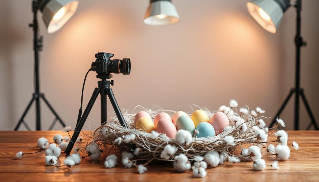 A light-filled Easter photography setup: A wooden table is graced with a pastel-hued arrangement of colorful Easter eggs, nestled amidst a soft bed of wispy white cotton. Overhead, a trio of soft, evenly-spaced studio lights create a warm, diffused illumination, casting gentle shadows and accentuating the textures. The camera, mounted on a sturdy tripod, is positioned at a slight angle to capture the full scene, with a wide-angle lens to ensure a comprehensive view. The overall atmosphere is one of serene celebration, inviting the viewer to bask in the quiet beauty of this springtime tradition.