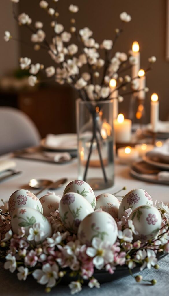 A meticulously curated assortment of sophisticated Easter gifts for discerning adults. In the foreground, a graceful arrangement of hand-painted ceramic eggs, each a unique work of art, resting upon a bed of delicate pastel-hued flowers. In the middle ground, a sleek glass vase filled with delicate cherry blossom branches, casting a soft, diffused light. In the background, a minimalist table setting with muted tones, accented by the gentle glow of candlelight, creating an atmosphere of refined elegance. The lighting is warm and inviting, captured through a wide-angle lens to emphasize the refined, high-end ambiance. The overall mood is one of thoughtful, understated sophistication, perfectly suited for the &quot;Sophisticated Easter Presents for Adults&quot; section.