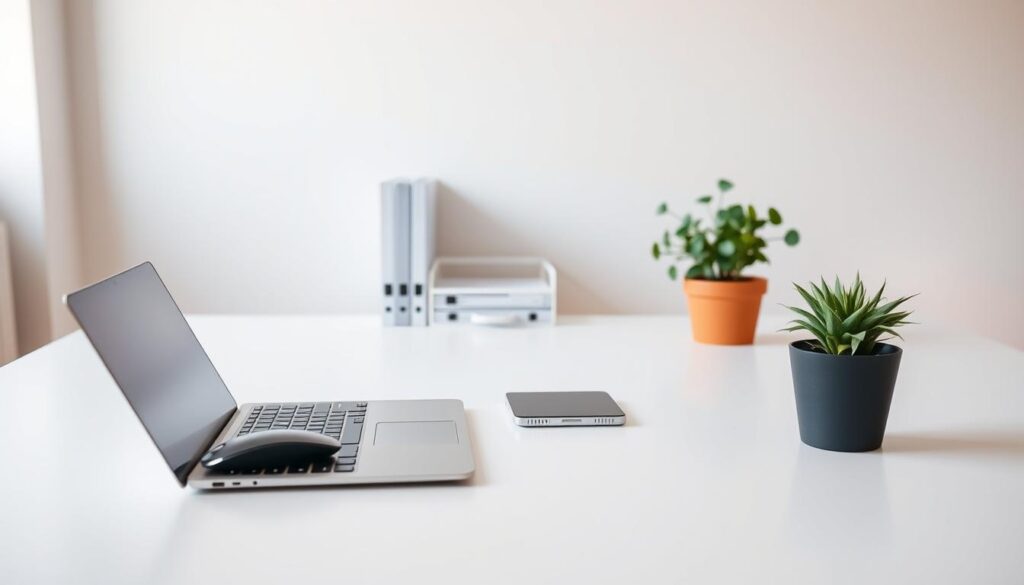 A minimalist home office setup with a clean, uncluttered desk. In the foreground, a sleek laptop, a wireless mouse, and a potted plant. In the middle ground, a few neatly organized folders and a smartphone resting on the desk. The background features a plain white wall with subtle warm lighting, creating a sense of tranquility and focus. The overall composition emphasizes the importance of digital decluttering and minimalist design principles to achieve a productive and serene workspace.