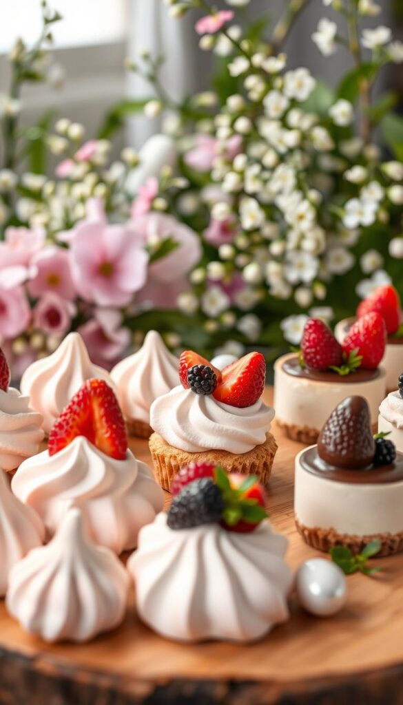 A mouthwatering display of Easter-themed desserts, including fluffy pastel-colored meringues, decadent chocolate-dipped strawberries, and elegant mini cheesecakes topped with fresh berries. The treats are artfully arranged on a wooden table, with a soft, diffused light illuminating the scene from above. The background is filled with delicate spring flowers and lush greenery, creating a serene and inviting atmosphere. The overall impression is one of effortless elegance and indulgence, perfectly capturing the spirit of a simple yet sophisticated Easter celebration.