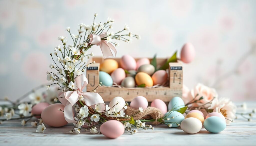 A neatly arranged collection of Easter-themed props in soft, pastel hues. In the foreground, a delicate floral wreath adorned with gentle blooms and ribbons. At the center, an array of colorful Easter eggs, some perched on a wooden crate, others scattered artfully. In the background, a soft, blurred backdrop of pale blues and pinks, creating a serene, dreamlike ambiance. Diffused natural lighting gently illuminates the scene, casting a warm, ethereal glow. The overall composition exudes a sense of springtime elegance and whimsy, perfectly capturing the mood of the Easter season.