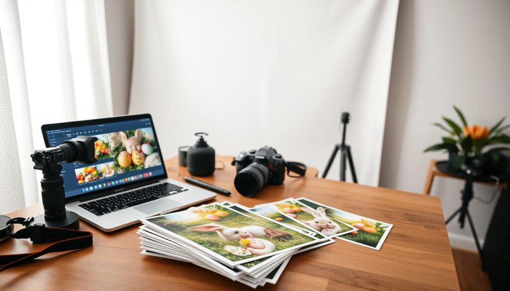 A serene home studio with a clean white backdrop, softly lit by a large window. On a wooden desk, an open laptop displays image editing software, with various photo editing tools visible. Next to it, a DSLR camera, lens, and a selection of photography accessories. In the foreground, a stack of printed Easter photos, each showcasing vibrant colors, playful compositions, and a sense of holiday joy. The overall mood is one of focused productivity, as the photographer carefully refines their Easter-themed images.