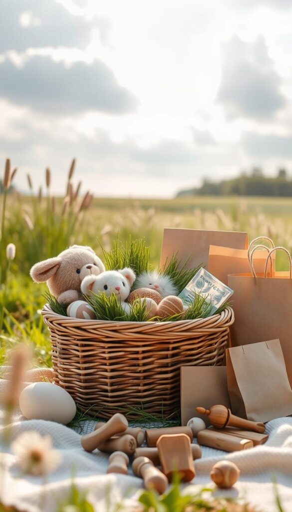 A serene, natural-light-filled scene showcasing an assortment of eco-friendly Easter basket essentials. In the foreground, a woven wicker basket overflows with sustainable plush toys, natural fiber grass, and a scattering of plant-based confections. Midground features reusable, recycled-paper gift bags and a selection of wooden trinkets. The background depicts a tranquil meadow setting with soft, diffused sunlight filtering through fluffy clouds, casting a warm, earthy glow. The overall composition conveys a sense of mindful, nature-inspired celebration.