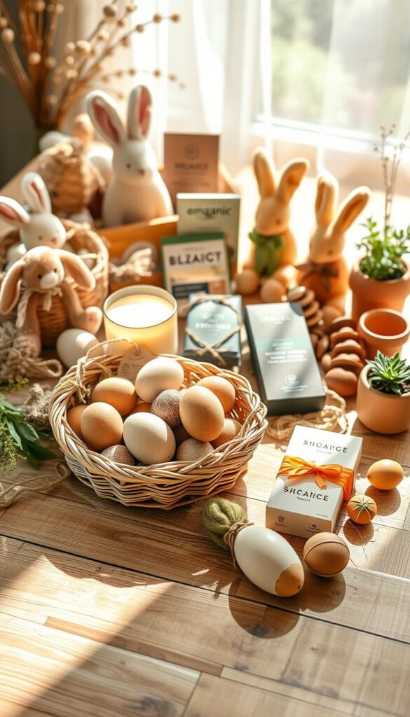A serene, sun-dappled scene featuring an array of eco-friendly Easter gifts arranged artfully on a wooden surface. In the foreground, a woven basket overflows with natural, biodegradable trinkets - wooden eggs, beeswax candles, and jute-wrapped soaps. Beyond, a scattering of fair-trade chocolate bunnies, organic plush toys, and handcrafted terracotta planters create a visually appealing spread. Soft, diffused lighting illuminates the natural textures and earthy tones, evoking a sense of rustic elegance. The overall composition conveys a message of sustainability and mindful gift-giving, perfect for an article on the best Amazon offerings for an eco-conscious Easter.
