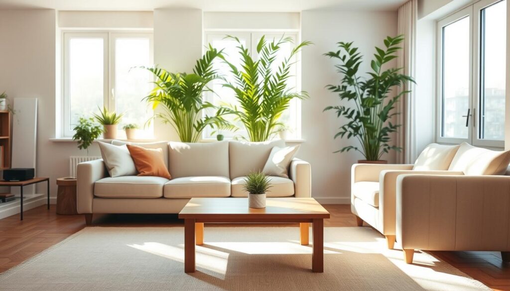 A serene, sunlit living room with clean, minimal furnishings. In the foreground, a comfortable couch and armchair in soft, neutral tones, free of clutter. The middle ground showcases an uncluttered coffee table, its surface clear and unobstructed. Tall, lush houseplants in the background, their verdant foliage casting gentle shadows. The overall atmosphere is one of calmness, clarity, and a sense of spaciousness, conveying the transformative benefits of a decluttered, organized home environment. Warm, natural lighting filters in through large windows, illuminating the peaceful scene.