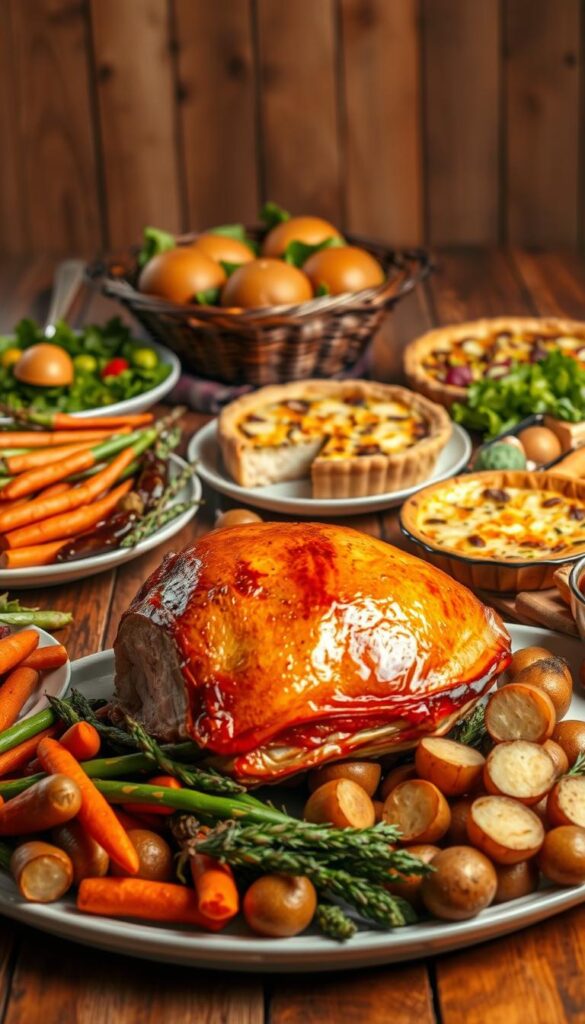 A sumptuous spread of Easter dishes laid out on a rustic wooden table, illuminated by soft, warm lighting. In the foreground, a golden-crusted ham glistens, surrounded by a vibrant array of roasted vegetables - tender carrots, crisp asparagus, and perfectly cooked potatoes. In the middle ground, a fluffy quiche with a flaky, buttery crust rests alongside a basket of freshly baked dinner rolls. In the background, a vibrant green salad with colorful toppings adds a refreshing contrast. The scene exudes an inviting, homey atmosphere, making it the perfect centerpiece for an effortless Easter dinner.