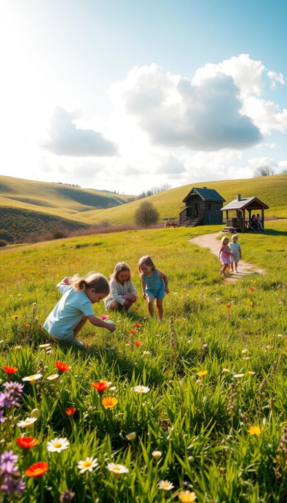 A sun-dappled spring meadow, dotted with vibrant wildflowers and lush green grass. In the foreground, a group of children enthusiastically search for hidden Easter eggs, their laughter echoing through the crisp, refreshing air. In the middle ground, a path winds through the verdant landscape, leading to a charming wooden play structure where a family gathers, enjoying the season's natural splendor. The background features rolling hills, topped with fluffy white clouds that cast gentle shadows across the scene. Warm, golden lighting illuminates the joyful outdoor Easter scavenger hunt, capturing the essence of springtime renewal and family togetherness.