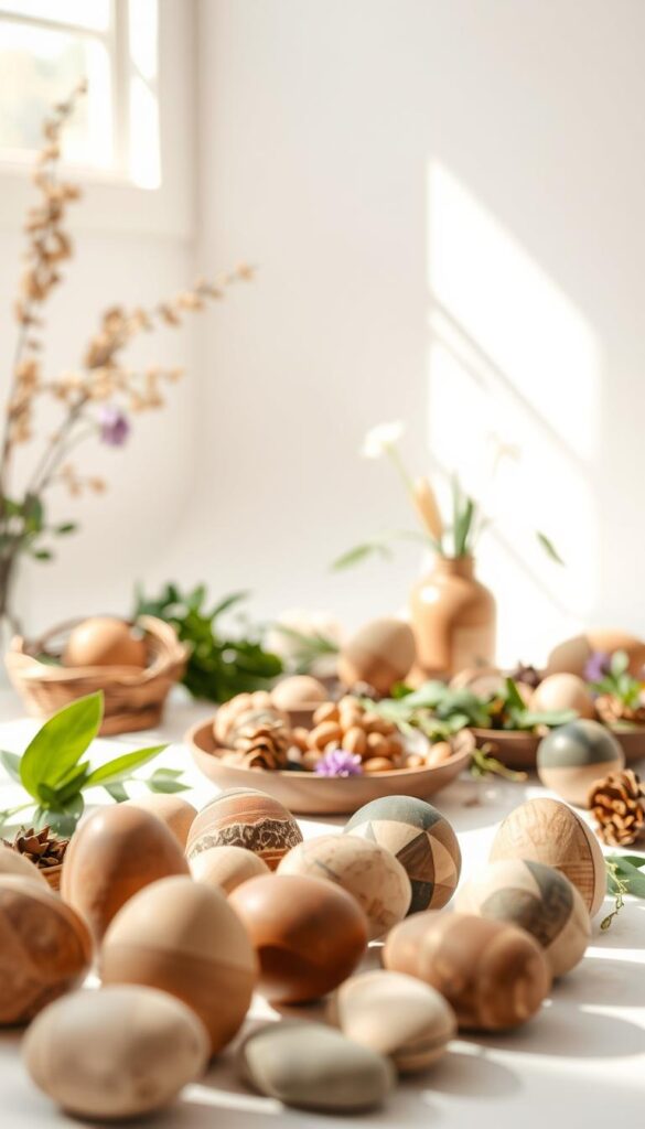 A sunlit studio scene featuring an assortment of eco-friendly Easter egg alternatives. In the foreground, a collection of natural, handcrafted decorative eggs made from materials like wood, felt, or painted river stones. Subtle textures and warm tones create a cozy, artisanal feel. In the middle ground, various plant-based dyes, leaves, and flowers used for natural dyeing or decorating the eggs. The background showcases a clean, minimalist space with soft, diffused lighting, highlighting the organic, sustainable nature of the DIY creations.