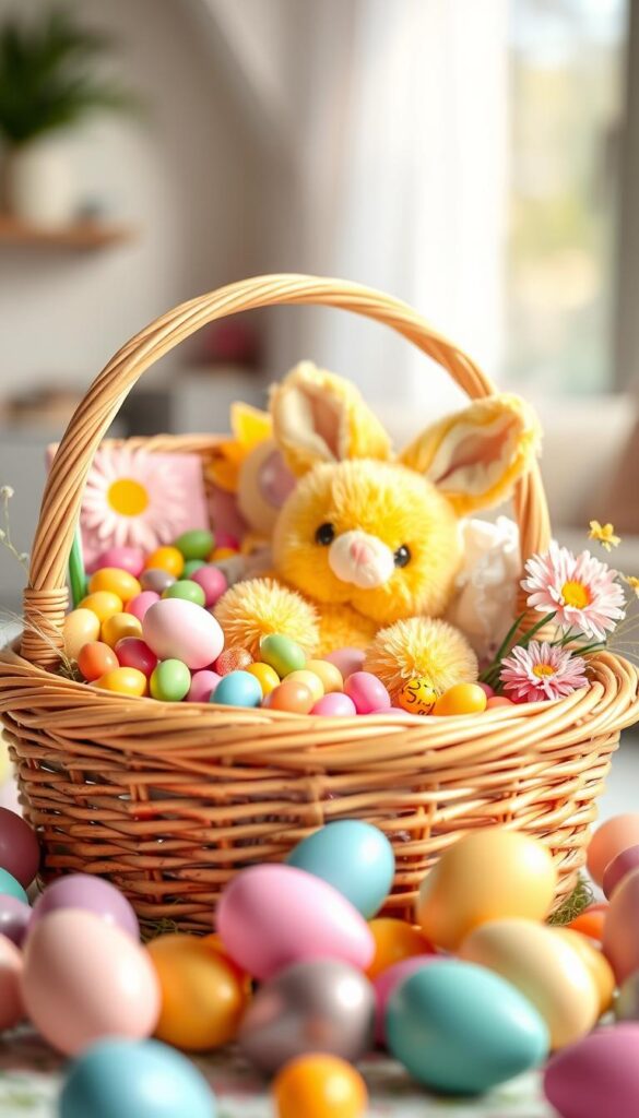 A vibrant Easter basket overflowing with an assortment of pastel-colored candies, plush toys, and seasonal decorations. The foreground features a wicker basket filled to the brim with chocolate eggs, jelly beans, and a fluffy stuffed bunny. In the middle ground, colorful plastic eggs in shades of pink, blue, and yellow are scattered around the basket, creating a festive and playful composition. The background is softly blurred, suggesting a warm, sun-drenched setting, perhaps a tranquil living room or cozy kitchen. The lighting is natural and diffused, casting a gentle glow over the scene, capturing the whimsical and delightful essence of the perfect Easter basket.