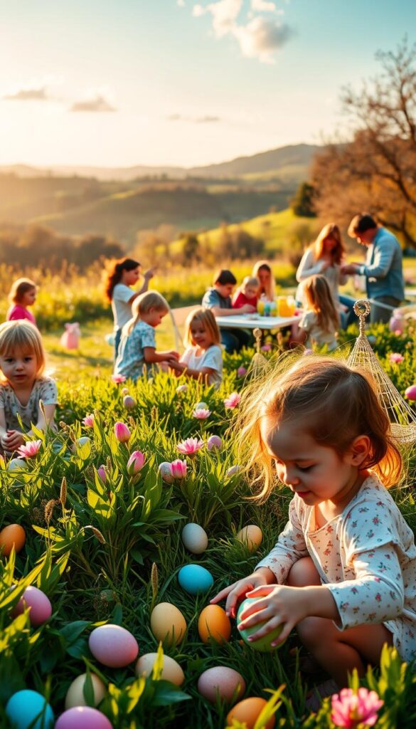 A vibrant Easter scene showcasing fun activities for kids and families. In the foreground, children enthusiastically participate in an egg hunt, their faces filled with delight as they search for colorful eggs hidden among lush greenery. In the middle ground, families gather around a festive table, decorating Easter baskets and creating springtime crafts. In the background, a picturesque landscape with rolling hills, blooming flowers, and a warm, golden-hour light creates a serene, joyful atmosphere. The composition is balanced, with a mix of lively action and peaceful moments, capturing the spirit of Easter celebrations. Warm, soft lighting illuminates the scene, creating a sense of comfort and togetherness.