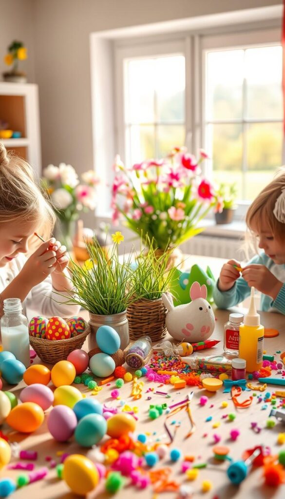 A vibrant and playful scene of Easter crafts for children, captured in warm, natural lighting. In the foreground, a table is adorned with an array of colorful craft supplies - eggs, paint, glue, glitter, and an assortment of pom-poms, ribbons, and other tactile elements. In the middle ground, children's hands are engaged in the creative process, decorating and assembling whimsical Easter-themed projects. The background features a cozy, home-like setting, with a cheerful floral arrangement and a window overlooking a lush, springtime landscape. The overall atmosphere is one of joy, imagination, and the pursuit of hands-on learning and self-expression.