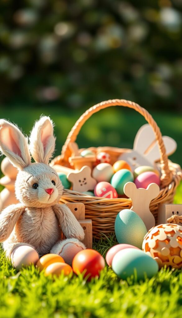A vibrant arrangement of unique Easter gifts for children, captured in a warm, natural light. In the foreground, a whimsical plush bunny, its soft fur inviting touch. Surrounding it, an assortment of pastel-colored wooden toys, each with intricate designs that spark imagination. In the middle ground, a handcrafted basket woven from natural fibers, overflowing with colorful eggs and playful trinkets. The background showcases a lush, springtime landscape, with soft, blurred foliage hinting at the season's renewal. The overall scene emanates a sense of wonder and delight, perfectly embodying the spirit of the Easter holiday for young audiences.
