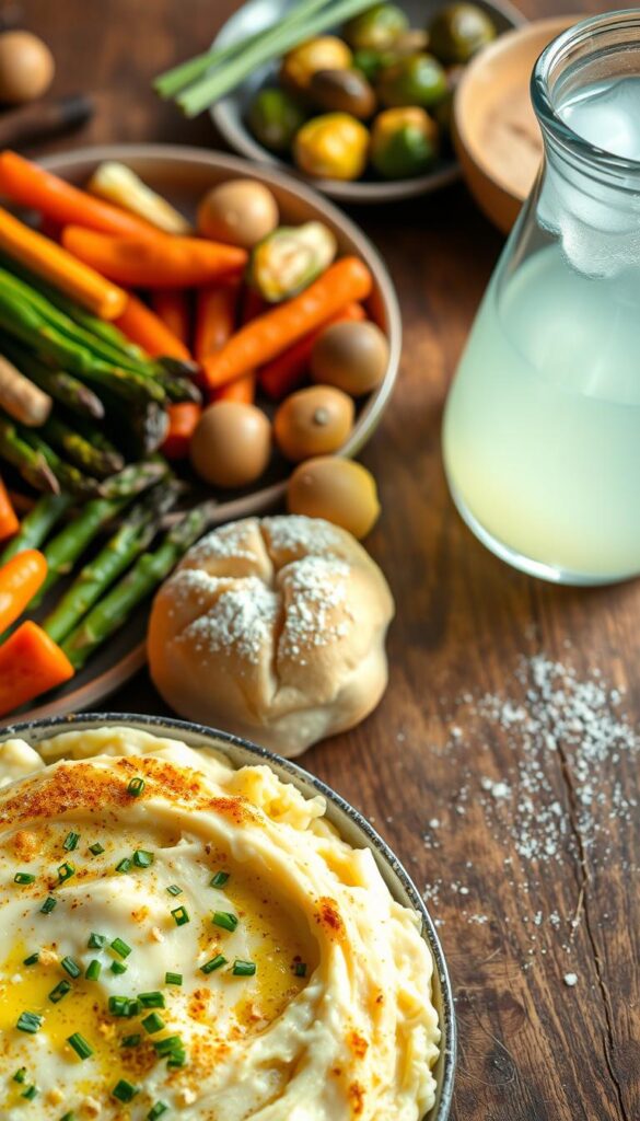 A vibrant array of Easter side dishes, thoughtfully arranged on a rustic wooden table. In the foreground, a creamy mashed potato casserole with a golden-brown crust, garnished with freshly chopped chives. Beside it, a colorful medley of roasted vegetables - tender asparagus spears, vibrant carrots, and crisp brussels sprouts, glistening with a light drizzle of olive oil. In the middle ground, a fluffy and buttery dinner roll, its surface lightly dusted with flour, inviting the viewer to imagine its soft, pillowy texture. A glass pitcher filled with icy-cold lemonade sits nearby, casting a refreshing glow. The overall scene is bathed in soft, natural lighting, creating a welcoming and appetizing atmosphere.