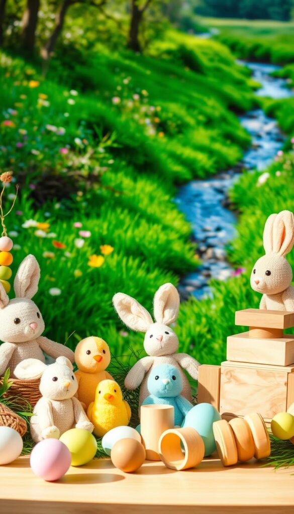 A vibrant, eco-friendly Easter scene with a whimsical assortment of sustainable toys. In the foreground, a collection of plush bunnies, chicks, and eggs crafted from organic fabrics and natural dyes. In the middle ground, wooden puzzles and blocks in pastel shades, alongside a handcrafted rattle made from bamboo and colorful beads. The background depicts a lush, verdant meadow with a gentle stream, surrounded by blooming wildflowers. The lighting is soft and natural, creating a warm, inviting atmosphere. The overall impression is one of playfulness and environmental consciousness, capturing the essence of an "Environmentally Conscious Easter Toys" display.