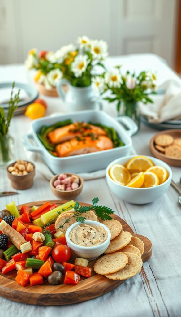 A vibrant, family-friendly Easter table arrangement showcasing a variety of gluten-free recipe options. In the foreground, a wooden serving board displays an assortment of colorful, allergen-friendly appetizers and snacks, such as vegetable crudités, hummus, and gluten-free crackers. In the middle ground, a white ceramic baking dish holds a main course, perhaps a roasted salmon or a hearty vegetable-based dish, surrounded by fresh herbs and lemon wedges. The background features a rustic, farmhouse-inspired table setting with a pastel-colored linen tablecloth, natural wood accents, and a simple floral centerpiece, bathed in soft, natural lighting. The overall scene evokes a warm, inviting atmosphere perfect for an inclusive Easter gathering.