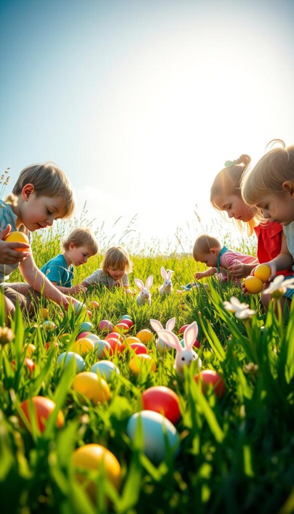 A vibrant spring scene, backdropped by a lush, verdant meadow and a cloudless, azure sky. In the foreground, a group of children of various ages eagerly search for brightly colored Easter eggs, hidden within the tall grasses and beneath the gently swaying flowers. The sunlight filters through the scene, casting a warm, golden glow and creating long, dramatic shadows. The children's expressions of delight and excitement are palpable, as they discover the hidden treasures one by one. In the middle ground, a few playful, pastel-hued bunnies hop among the foliage, adding to the whimsical atmosphere. The overall composition conveys a sense of joyful celebration and the timeless tradition of the classic Easter egg hunt.