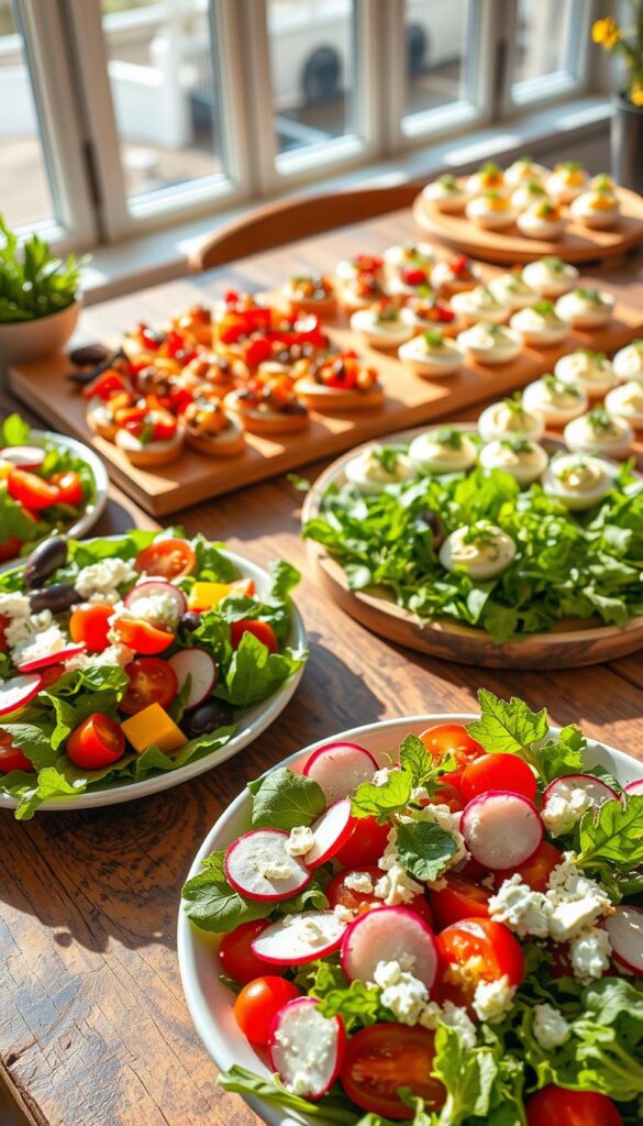 A vibrant springtime scene showcasing a variety of fresh, delectable salads and appetizers arranged on a rustic wooden table. In the foreground, a colorful salad with mixed greens, sliced radishes, cherry tomatoes, and crumbled feta, with a lemon vinaigrette dressing. In the middle ground, a platter of assorted bruschetta toppings, including roasted red peppers, olive tapenade, and herbed goat cheese. In the background, a selection of light, airy Easter-inspired appetizers, such as deviled eggs garnished with chives and micro greens. Natural sunlight filters through large windows, casting a warm, inviting glow over the scene. The overall mood is fresh, vibrant, and celebratory, perfectly capturing the essence of springtime salads and appetizers for an Easter gathering.