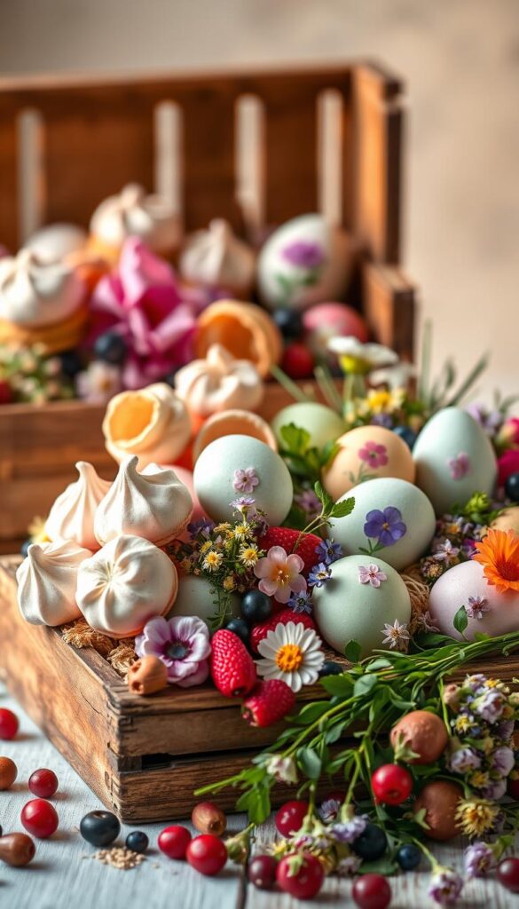 A visually striking arrangement of organic Easter treats, bathed in warm, natural lighting. In the foreground, a rustic wooden crate overflows with a vibrant assortment of handcrafted, pastel-colored meringues, macarons, and colorful hard-boiled eggs adorned with delicate floral patterns. In the middle ground, a scattering of freshly harvested seasonal berries, edible flowers, and sprigs of verdant greenery create a lush, earthy composition. The background features a soft, hazy focus, evoking a sense of tranquility and authenticity. The overall mood is one of wholesome, artisanal delight, perfectly encapsulating the essence of "Organic and Natural Easter Treats".