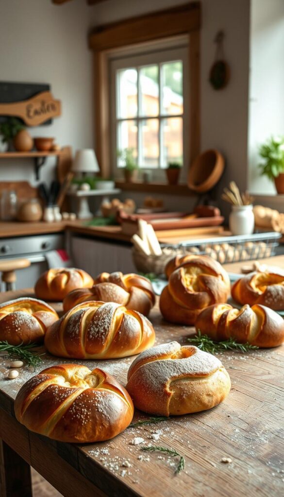 A warm, inviting kitchen interior with a rustic wooden table in the foreground, adorned with an array of freshly baked Easter breads in various shapes and colors. A window in the background lets in soft, natural light, casting a gentle glow on the scene. Assorted baking ingredients, herbs, and a few decorative Easter-themed elements scattered around the table create a cozy, homemade atmosphere. The breads, ranging from braided challah to sweet, fluffy brioche, showcase the variety of festive Easter baking ideas. Angle the camera to capture the textures, colors, and the enticing aroma of the just-baked treats.