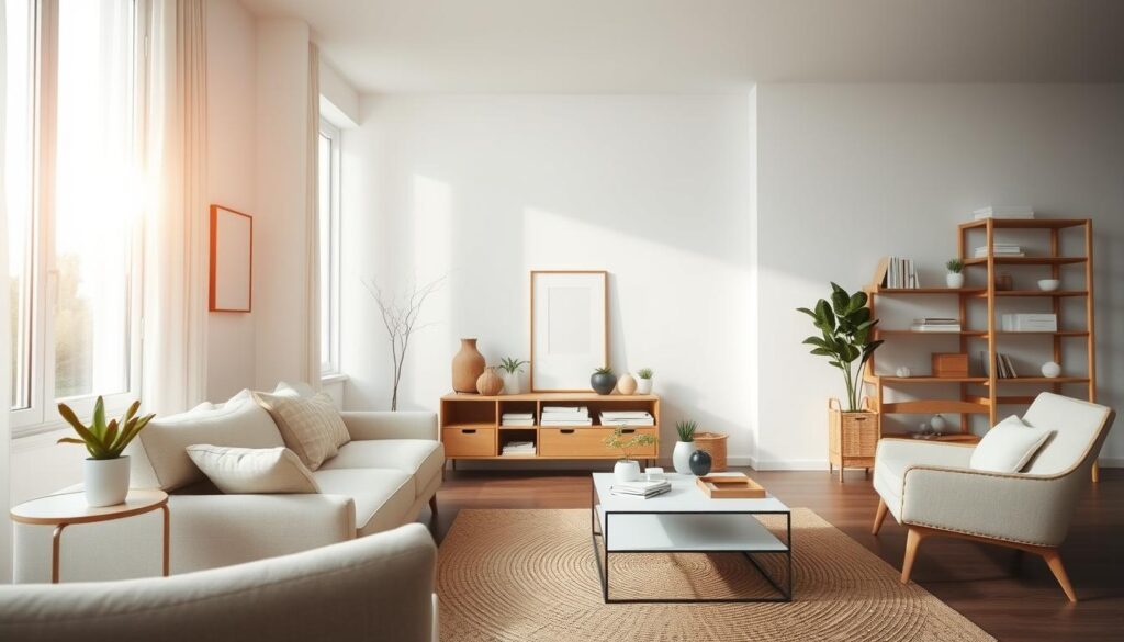 A well-lit, airy living room with minimalist furniture and clean lines. Soft natural light streams in through large windows, casting a warm glow over neatly organized shelves, a clutter-free coffee table, and a cozy armchair. The room exudes a sense of calm and order, with carefully curated decor elements like potted plants and a woven rug that tie the space together. The camera angle captures the room from a slightly elevated perspective, showcasing the harmonious flow and balance of the space.