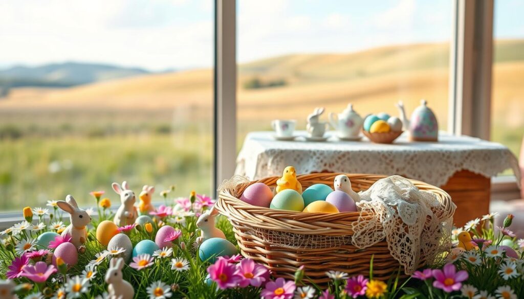 A whimsical Easter scene with a vibrant, pastel color palette. In the foreground, a group of colorful Easter eggs lie nestled in a wicker basket, adorned with delicate lace and ribbons. Surrounding the basket, playful bunny figurines, some holding miniature chicks, frolic amidst a field of blooming spring flowers. In the middle ground, a wooden table is set with a lace tablecloth, vintage teacups, and a cluster of hand-painted Easter eggs. Soft, warm lighting filters through a large, airy window, casting a tranquil glow over the entire scene. In the background, a soft, blurred meadow with rolling hills and a cloudless, azure sky, creating a serene and inviting atmosphere.