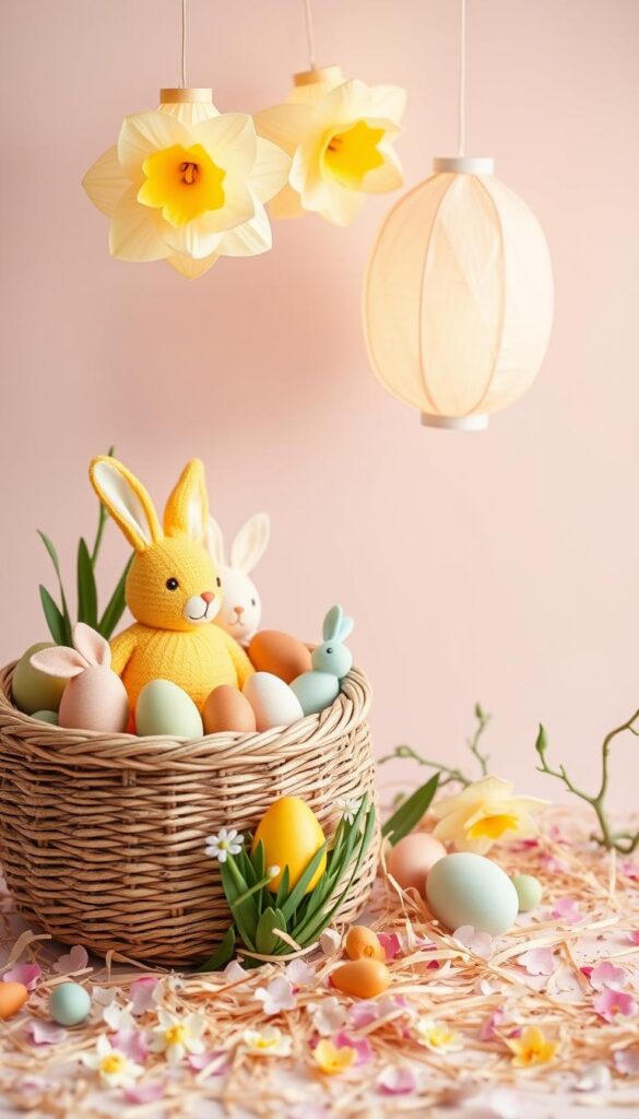 A whimsical arrangement of eco-friendly Easter toys and treats set against a soft, pastel-hued background. In the foreground, a woven basket overflows with colorful plush bunnies, wooden eggs, and plant-based gummy candies. Hovering above are delicate paper lanterns in the shape of daffodils, casting a warm, natural glow. In the middle ground, a scattering of natural fiber grass and flower petals creates a lush, organic scene. In the background, a subtle pattern of interlocking leaves or vines provides a harmonious, nature-inspired backdrop. Soft, diffused lighting highlights the gentle textures and sustainable materials, conveying a sense of eco-conscious whimsy and springtime delight.