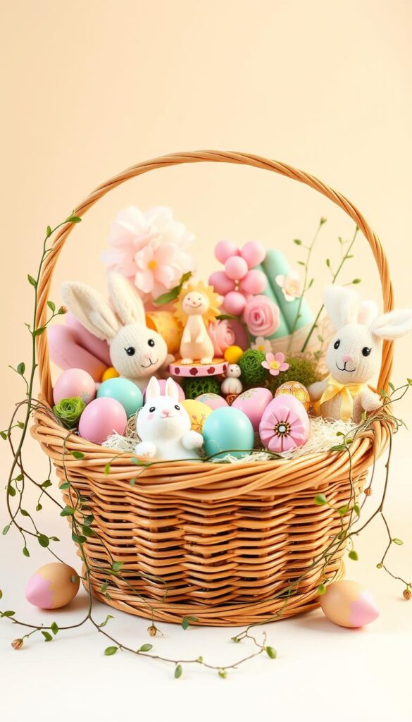 A whimsical assortment of Easter basket ideas, artfully crafted and overflowing with creativity. In the foreground, a woven basket brimming with colorful Easter eggs, plush bunnies, and playful trinkets. Trailing vines and sprigs of greenery cascade around the basket, adding a touch of natural elegance. In the middle ground, a cluster of pastel-hued DIY crafts - intricate paper flowers, hand-painted wooden figurines, and a charming Easter-themed terrarium. The background is softly lit, emphasizing the basket's warm, inviting glow and the overall sense of joy and imagination. Delightful and inspiring, this image captures the essence of Easter basket ideas that go beyond the traditional.