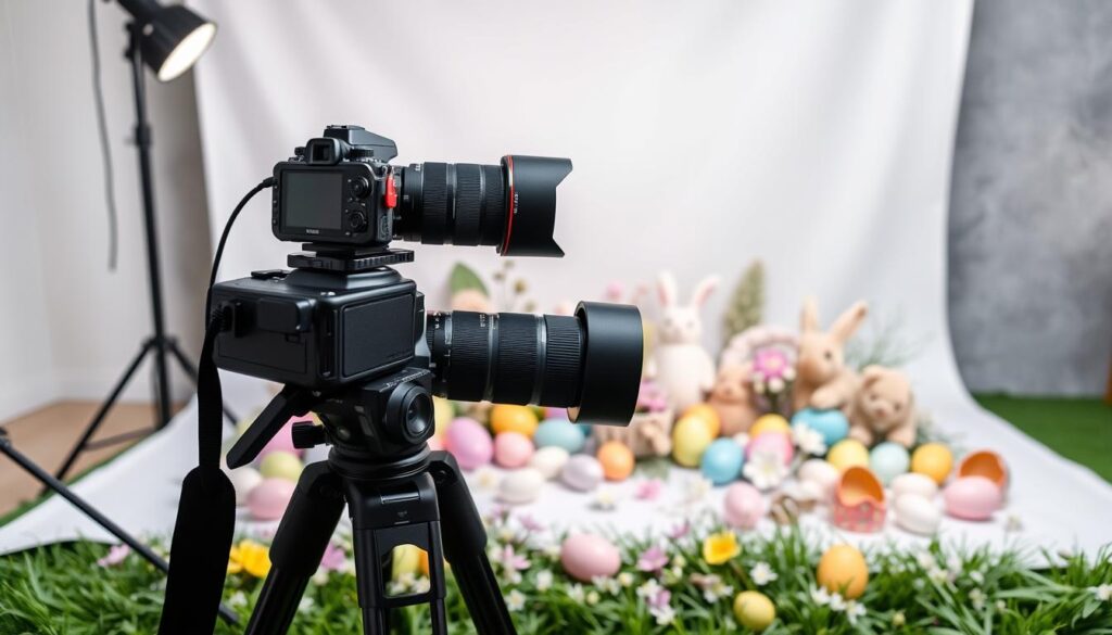 An Easter photo shoot setup with a white backdrop, soft lighting, and a variety of colorful props. In the foreground, a professional camera with a long lens sits on a sturdy tripod, ready to capture the perfect shot. On the middle ground, an array of Easter-themed items including pastel-colored eggs, fluffy bunnies, and delicate floral arrangements create a serene and whimsical scene. In the background, a neutral gray or white wall provides a clean, uncluttered canvas to showcase the vibrant colors and textures of the Easter-themed elements. The overall mood is one of springtime joy and celebration, with the equipment and setup poised to immortalize the magic of the season.