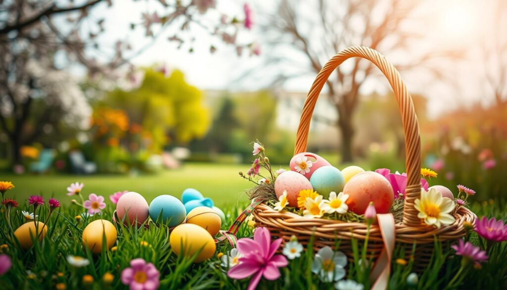 An artistic and whimsical Easter photo composition with a playful and vibrant atmosphere. In the foreground, a basket overflows with colorful eggs, ribbons, and spring flowers, arranged in a dynamic asymmetrical composition. In the middle ground, a soft-focus backdrop of a lush, verdant garden with blooming trees and a bright, overcast sky creates a sense of natural wonder. The overall mood is one of joy, creativity, and the celebration of the Easter season, captured through imaginative camera angles, warm lighting, and a shallow depth of field.