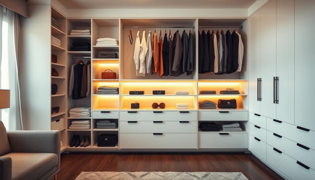 Prompt A meticulously organized living space, with a sleek, contemporary wardrobe solution showcasing an array of neatly folded and hung garments. The scene is bathed in warm, diffused lighting, accentuating the clean lines and neutral color palette of the furniture and decor. In the foreground, custom shelving and drawers provide ample storage for clothing, accessories, and personal items. The middle ground features a minimalist clothing rack with carefully arranged garments, while the background reveals a serene, uncluttered environment, emphasizing the calming and streamlined aesthetic. The overall composition conveys a sense of order, efficiency, and tranquility, inspiring the viewer to conquer their own closet chaos.