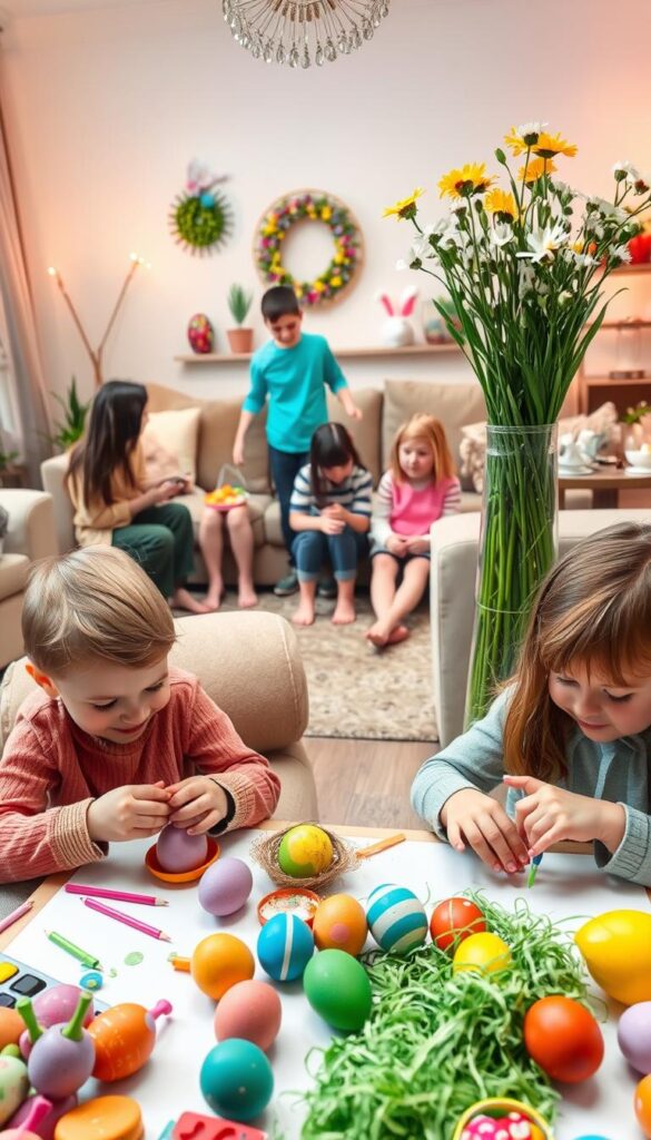 a cozy indoor scene with children happily engaged in Easter-themed activities on a rainy spring day. In the foreground, two young siblings are crafting colorful Easter egg decorations, surrounded by a variety of art supplies. In the middle ground, a group of kids are playing a lively game of Easter-themed charades, with one child acting out a hopping bunny. The background features a cozy living room with plush sofas, warm lighting, and playful Easter decorations, including a tall vase of freshly cut spring flowers. The overall mood is vibrant, joyful, and welcoming, capturing the spirit of indoor Easter fun.
