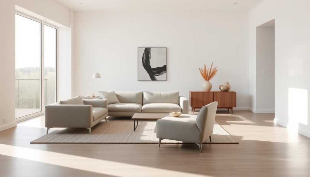 a minimalist living room with sleek furniture, clean lines, and a neutral color palette. A large window fills the space with natural light, casting soft shadows. A low-profile sofa and matching armchair sit on a simple area rug, creating a cozy seating area. A few carefully curated decor pieces, such as a vase or sculpture, add visual interest without cluttering the space. The room exudes a sense of calm and order, reflecting a clutter-free and harmonious environment.