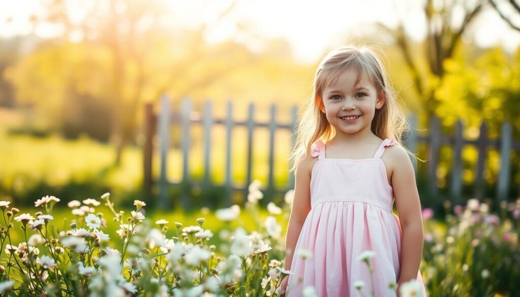 a serene, sun-dappled Easter portrait with a soft, natural lighting, captured with a shallow depth of field using a medium telephoto lens. In the foreground, a young girl in a pastel dress stands among delicate spring flowers, her expression warm and joyful. The middle ground features a blurred background of lush greenery and a picturesque picket fence, setting the scene in a peaceful, idyllic countryside. The overall mood is one of tranquility, whimsy, and the timeless beauty of the Easter season.
