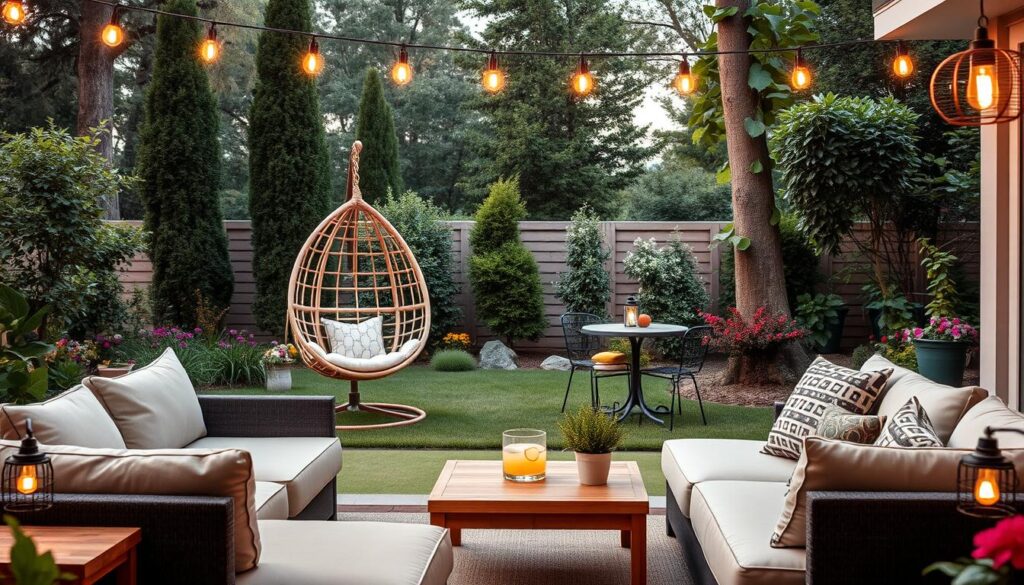 A backyard oasis with an IKEA-inspired outdoor furniture setup. In the foreground, a cozy lounge area features a sleek, modular sofa with plush cushions and an ottoman. Nearby, a wooden side table holds a potted plant and a glass of lemonade. In the middle ground, a hanging rattan chair sways gently in the breeze, while a small bistro set with two metal chairs invites alfresco dining. The background showcases lush greenery, with tall trees and vibrant flowers framing the scene. Warm, soft lighting from outdoor lanterns creates a welcoming ambiance, while the image is captured at a slight angle to showcase the various IKEA hacks in an aesthetically pleasing composition.